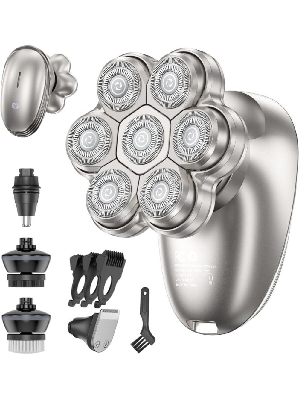 7D Waterproof Electric Head Shaver for Men - 5-in-1 Grooming Kit, Bald Care